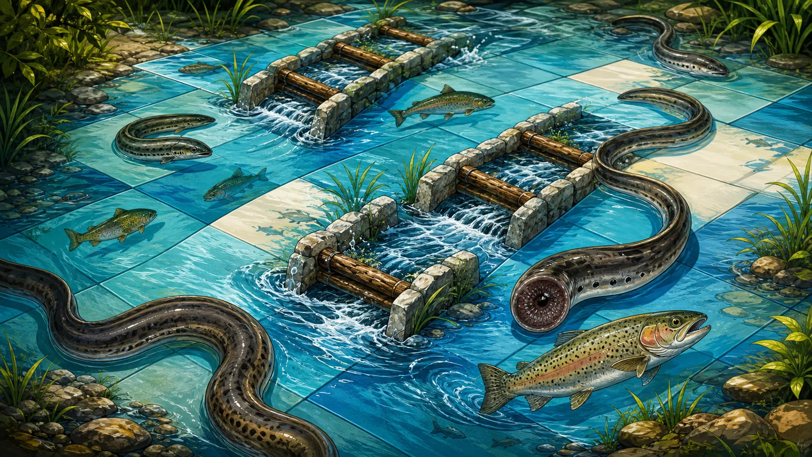 Illustrated eels and river baffles on a watery board game